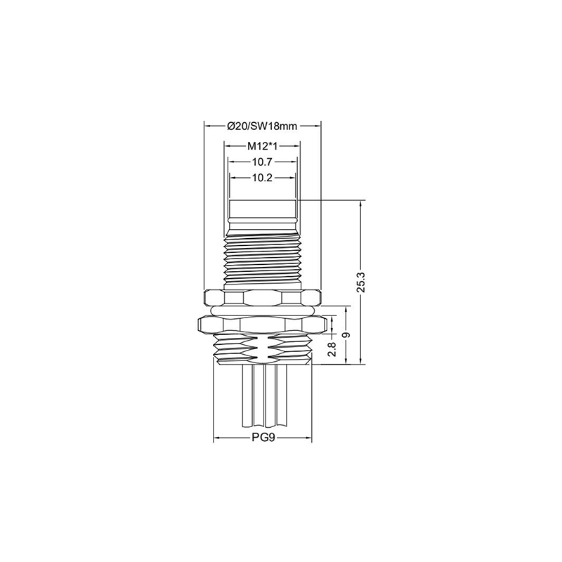 Push-pull m12 3pins A code male straight rear panel mount connector PG9 thread,unshielded,single wires,brass with nickel plated shell